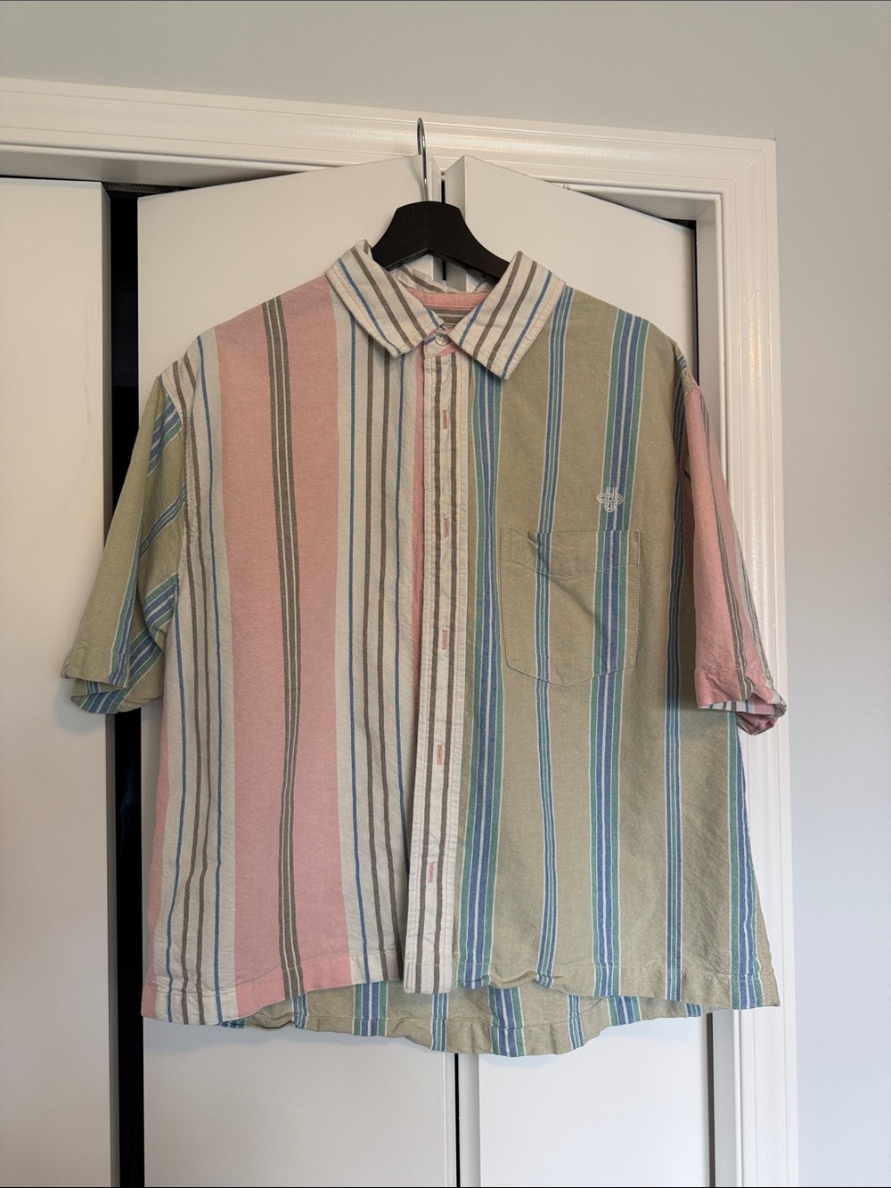 Urban Outfitters Striped Short-Sleeve Button-Down in Pink, Sage & Cream